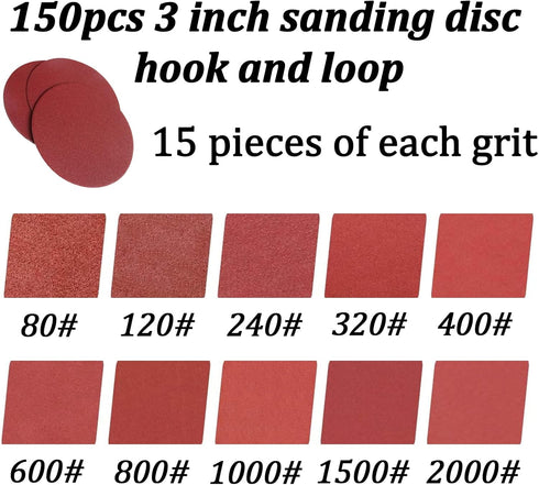 MAPRIAL 150 PCS 3 Inch Sanding Discs, Hook and Loop Sandpaper 80-2000 Grit for Drill Sander Grinder Woodworking
