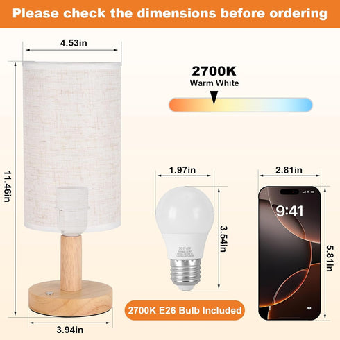 Dimming,Natural Rechargeable Cordless Touch Table Lamp with Stepless Wood Base&Linen Shade,Small Battery Wireless