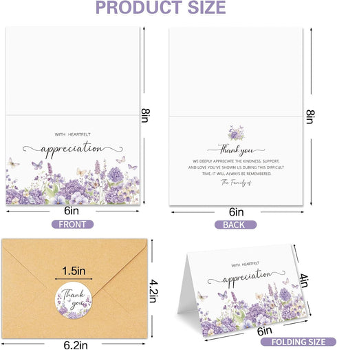 Set 50, 4x6In Funeral Thank You Cards with Envelopes, of Purple Watercolor Floral Butterfly Design Message Inside
