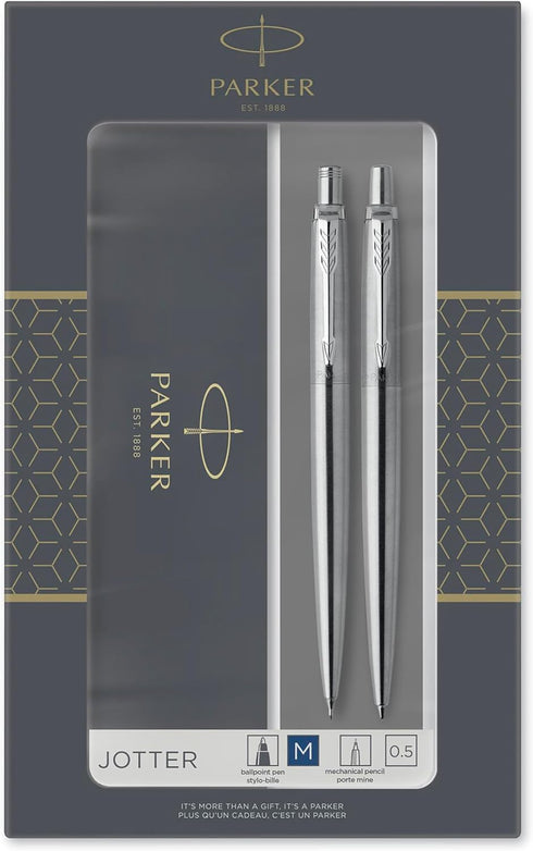 Parker Jotter Duo Gift Set, Stainless Steel Ballpoint Pen & Mechanical Pencil (0.5mm), Quality Blue Ink Refill