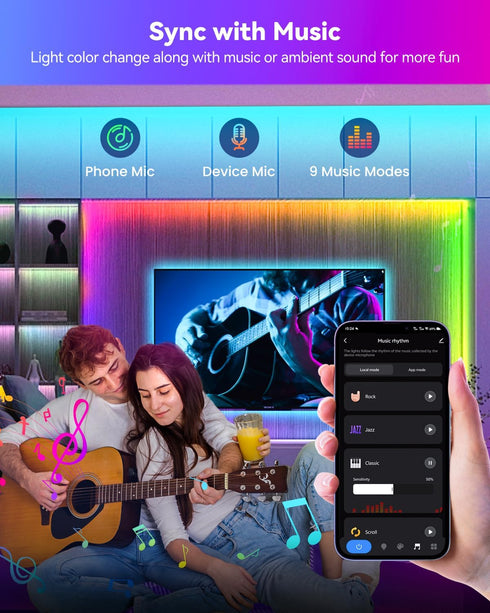 Pak 32.8ft 16 44 RGB+IC LED Strip Lights for Bedroom & TV, Smart Lights with Remote APP Control, DIY Million Colors