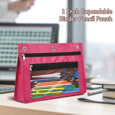 YoeeJob 24 Pack Pencil Pouch for 3 Ring Binder, Expandable Zipper Binder Pouches with Clear Window (Rosy)