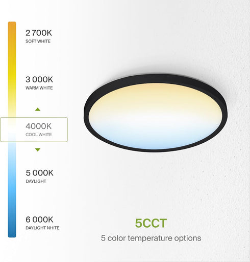 12" 5CCT, Dimmable, 24W 1900LM 2700-6000K 120V ASD LED Round Flush Mount Ceiling Light Fixture, Low Profile Surface
