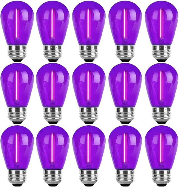 15 Pack S14 LED Bulbs, Purple Christmas Replacement for Outdoor String Lights, 1W Vintage E26 Base Bulb