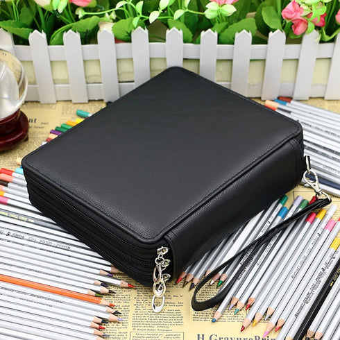 BTSKY Deluxe PU Leather Pencil Case, 120 Slot Holder with Handle Strap