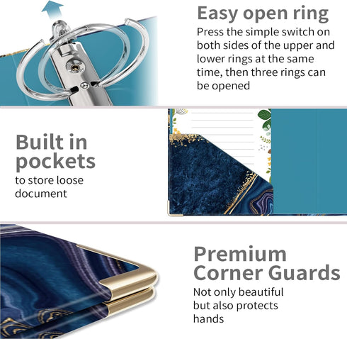 Ospelelf Mini 3 Ring Binder, 2 Inch, Cute for 5.5" x 8.5", Includes 5 Tab Dividers, Blue Marble for School and Office