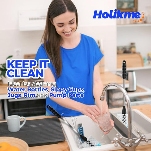 6 Pack Set, 14" 3 3-in-1 Holikme Bottle Brush Long Handle Stainless Steel Bottle Cleaner Brush, Straw Brushes, Bottle