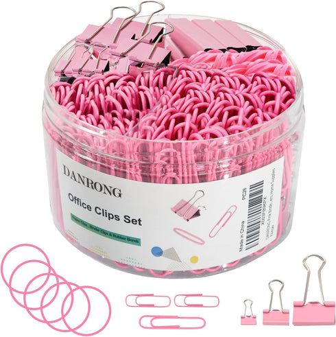 Pink Binder Clips, 380 PCS Assorted Sizes Paperclips and Rubber Bands for Files and Home Supplies
