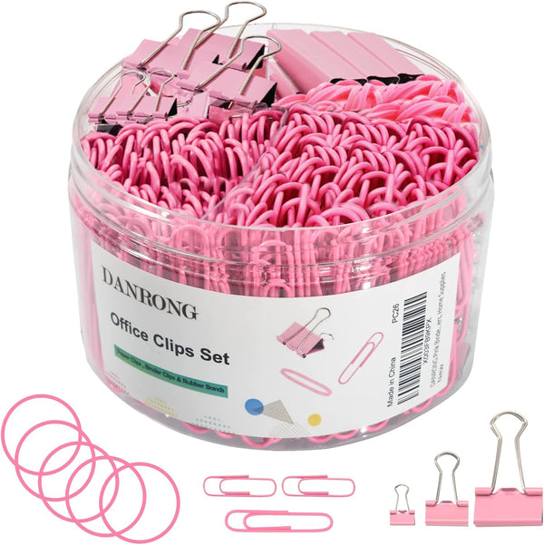 Pink Binder Clips, 380 PCS Assorted Sizes Paperclips and Rubber Bands for Files and Home Supplies