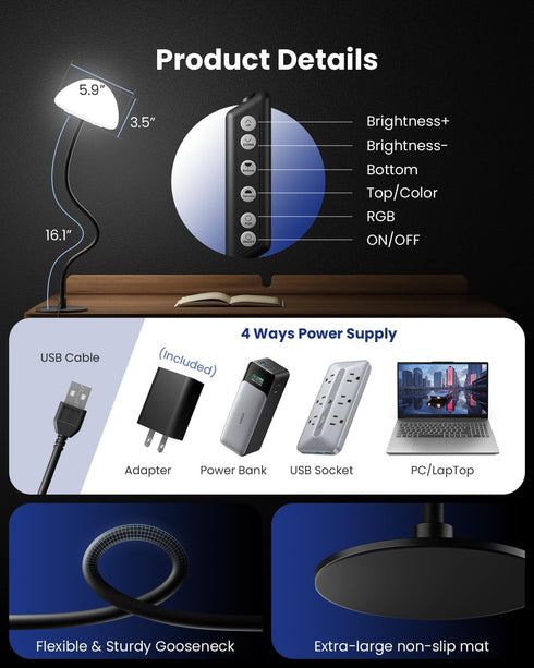 Andxvna 3 Dimmable 5%-100%, 4 RGB Table Lamp with Color Temperatures, Stepless Bedside Lamp Flexible Gooseneck LED