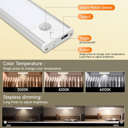 8 inch 1100mAh 3 Dimmable Closet Counter Closet, Under Cabinet Lighting, Rechargeable Motion Sensor Light with Color