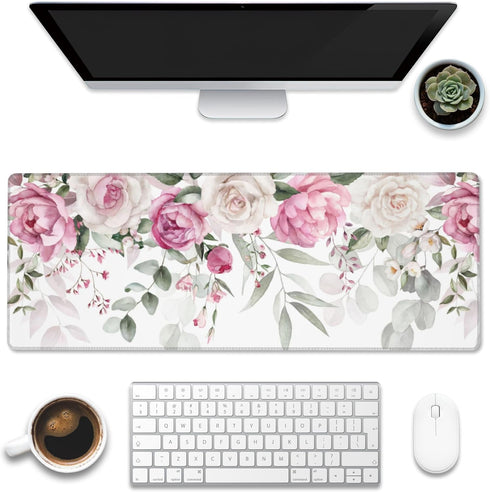 Large Gaming Mouse Pad for Desk, Pink Peony Flowers Eucalyptus Leaves, Extended Big Computer Keyboard Pad