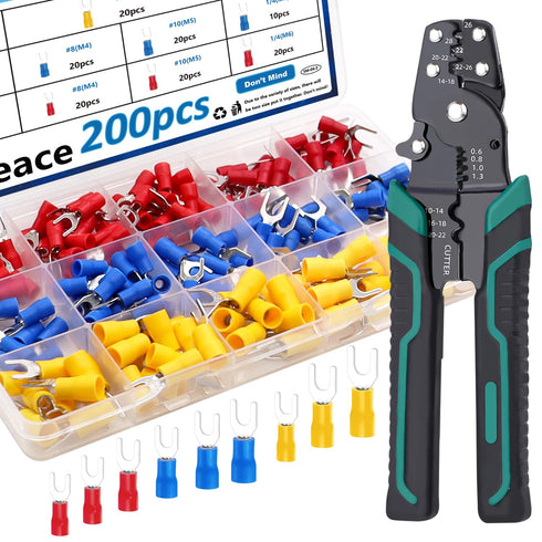 smseace 201pcs Crimping Tool with 12-Sizes Fork Spade Connectors for 22-10AWG Wire, Multifunction Wire Crimping Tool