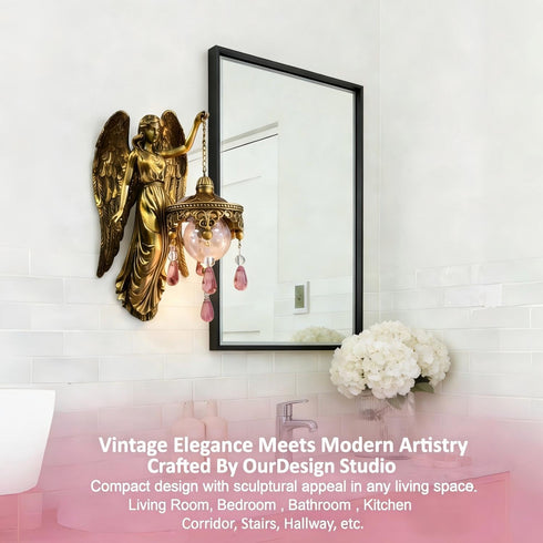 Angel Wall Lamp, Vintage Holy Guardian Night Light with Frosted Crystal & Wings, Battery Operated Wall Sconce