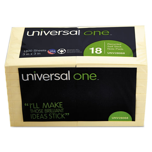 Universal 28068 Recycled Sticky Notes, 3 x 3, Yellow, 100-Sheet, 18/Pack (UNV28068)