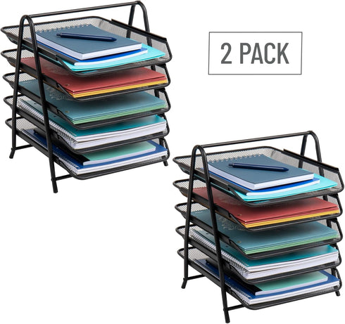 Mind Reader 5-Tier Paper Tray, Set of 2, Black Metal Mesh Desktop Organizer, File Storage, 11.75" L x 14" W x 14.5" H