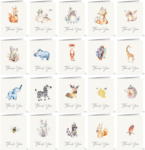 the lazy panda card company 20 x Watercolor Animal Thank You Cards with Envelopes