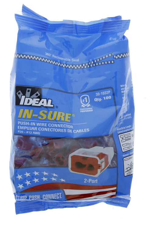 IDEAL Electrical 30-1032P in-Sure Push-in 2 Port Wire Connector, Red, (100/Bag)