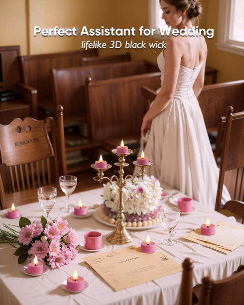 3D 300+Hour Set 24 Amagic Flameless Pink Timer Remote Tealights Candles, Black Wick Flickering Tea Light, Colored