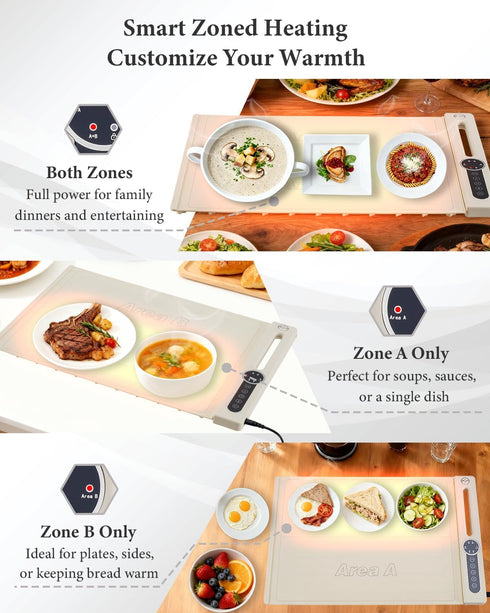7 10s (Cream-2 KokoSelene Food Warming Mat, Dual-Zone Heating Mat for Food with Temp & Timer, Fast Heat Flexible