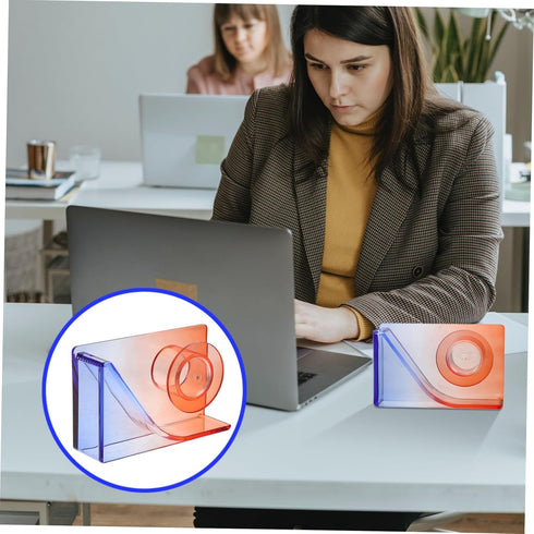 Small Gradient Color Tape Holder, Mini Desktop Office Tape Dispenser, Packing Cutter (Red and Blue Mini Stickers)