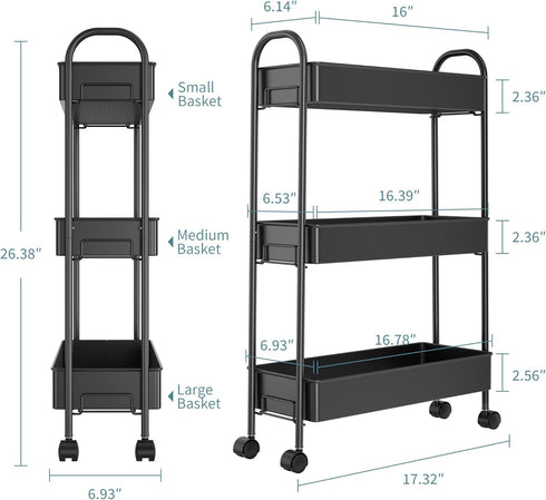 ZXICEU 3-Tier Slim Rolling Cart, Metal Frame Utility Rolling Narrow Storage Cart with Handle Kitchen Storage Organizer
