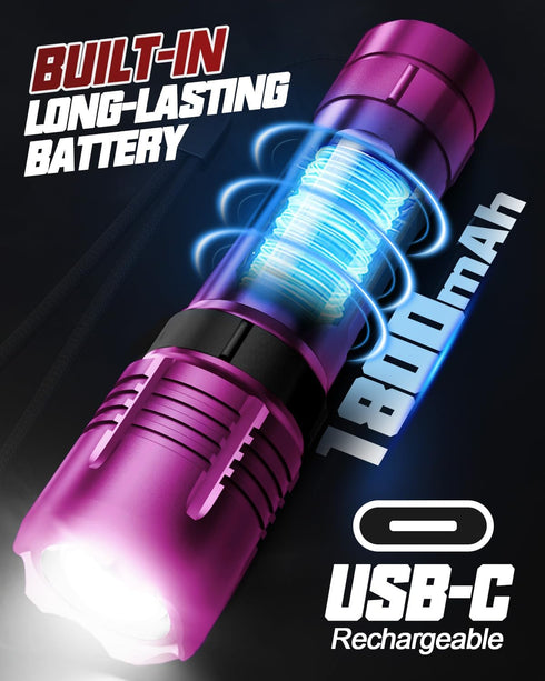 2 Pack, 5 Victoper Pink Rechargeabe Flashlight High Lumens Modes LED Bright Tactical Flashlights, Waterproof Zoomable