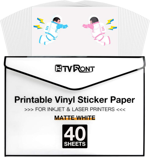 HTVRONT Printable Vinyl for Inkjet & Laser Printers, 40 Pcs Matte White Sticker Paper, 8.5"x11"
