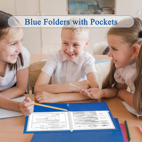 Zzrywuty File Folders with Pockets - 50-Pack Letter Size Paper Folders with Card Slot for School and Office (Blue)