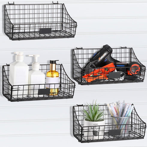 4 Pcs Slatwall Baskets with Hooks, Black Wire Hanging Basket Storage for Pantry Kitchen Garage