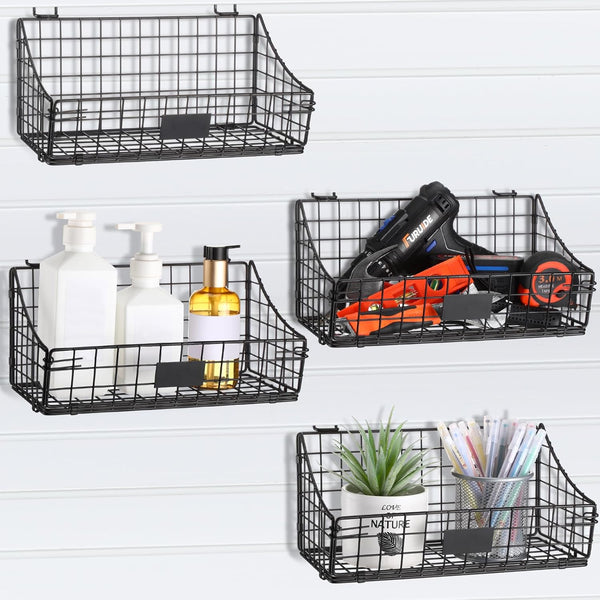 4 Pcs Slatwall Baskets with Hooks, Black Wire Hanging Basket Storage for Pantry Kitchen Garage