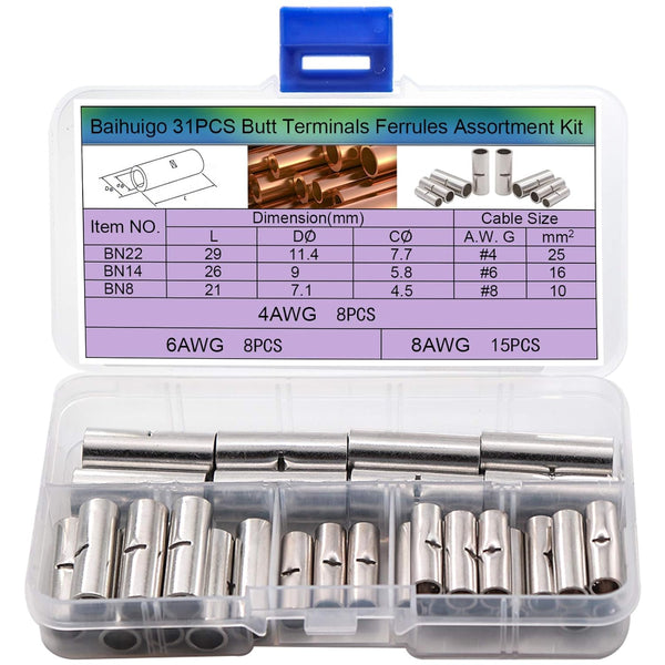 Baihuigo Stranded Wire Butt Terminals, 3 Types Gauge Copper Ferrule AWG 4,6,8 for Automotive and Boat Wire Joints