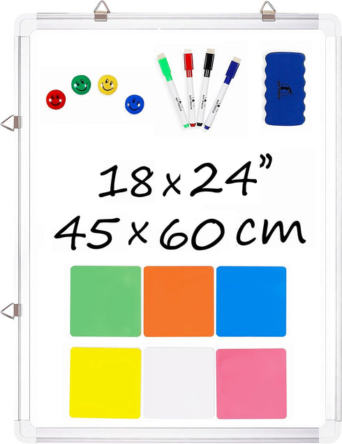 Whiteboard Set - 24 x 18 in Dry Erase Board with 1 Magnetic Eraser, 4 Markers, 4 Magnets, and 6 Labels