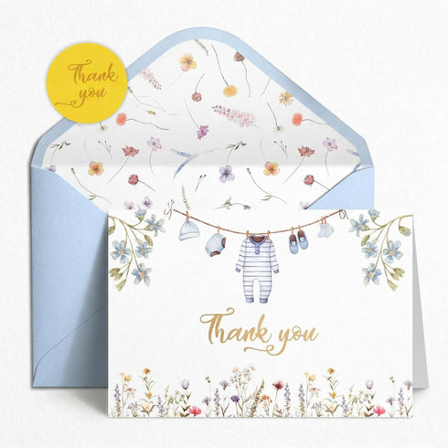 60 Pack 46 Inch Baby Shower Thank You Cards with Envelopes and Stickers - Blue Watercolor Design for Boys - Blank Cards