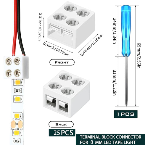 25 Pack 2 Pin 8mm LED Tape Light Connectors with Screwdriver, Tighten Screw Terminal Blocks for 5v 12v 24v Monochrome