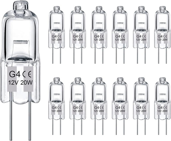 G4 Light Bulbs 20W 12V JC T3 Bi-Pin, 12 Pack Crystal Clear Halogen Bulbs for Landscape Lighting