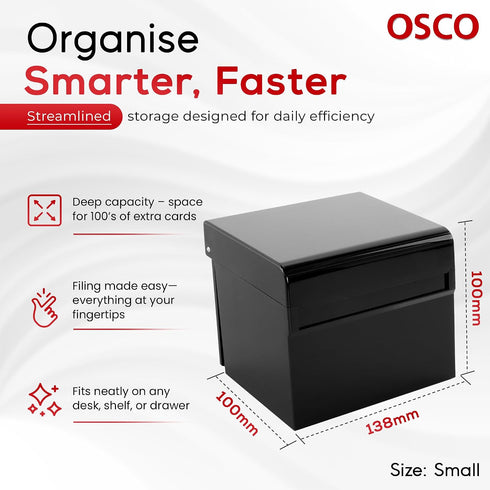 Osco 100 5" 3", 127 76 mm Black Hi-Gloss Plastic Index Box, Small, A to Z Divider Tabs, Lined Note Cards, x Ruled