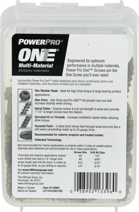 Power Pro Premium One Multi-Material Hex Washer Head Screws, Epoxy Coated Steel, ¼ x 1-¾ inches, Box of 56