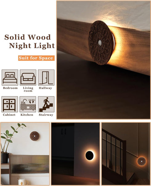 Motion Sensor Night Light Wood USB Rechargeable Stick-On Step Lights Magnetic Small Wall Lights for Hallway Bedroom
