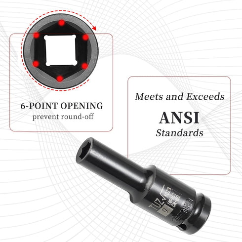 1/2-Inch Drive 9mm Deep Impact Socket, 6-Point Design, Heat-Treated Chrome Molybdenum Alloy Steel