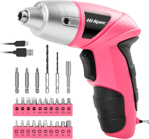Hi-Spec Electric Screwdriver 27pc 3.6V Pink USB Small Power Screwdriver Set, Rechargeable with Driver Bit Set