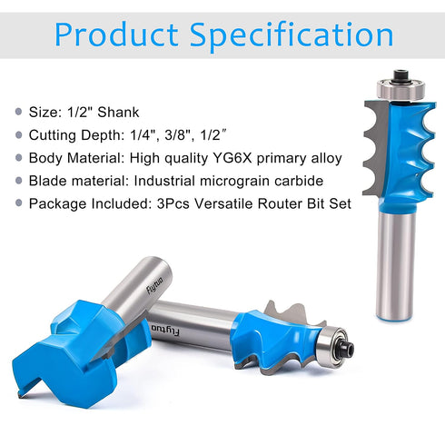 3PCS Set, 1/2" Architectural Molding Router Bit Shank, Corner Rounding & Edge-Forming for Woodworking Milling