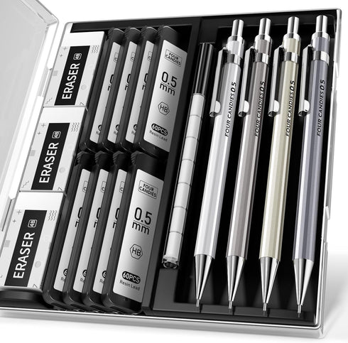 Four Candies 0.5mm Mechanical Pencil Set with Case, 4PCS Metal Pencils and Lead Refills