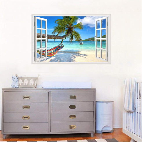 Beach Seascape Window Wall Sticker, Removable Palm Tree and Hammock Decal for Tropical Sea View in Living Room