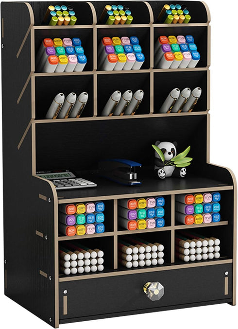 Marbrasse Black Wooden Desk Organizer, Multi-Functional Pen Holder, Storage Rack for School Home Office Art Supplies