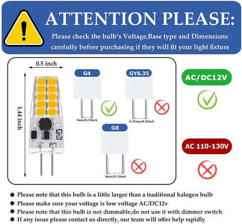 G4 LED Bulb 12V JC Type, 20-30W T3 Halogen Equivalent, 6000K Daylight White, 10-Pack