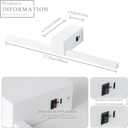 15.7 inch Dimmable White Battery Operated Picture Light with Remote,Wireless Gallery Lights White Rechargeable Display