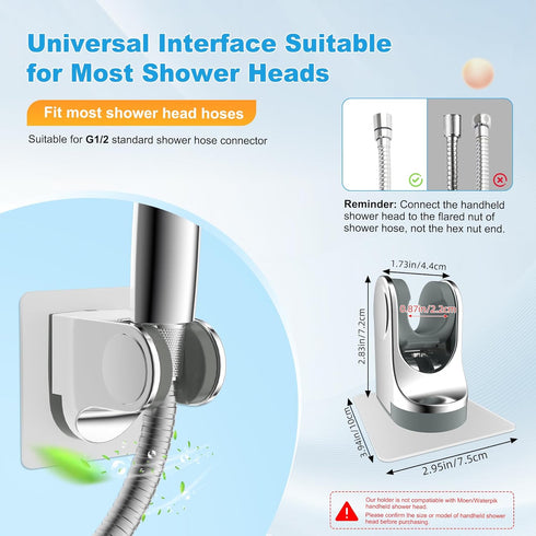 2 Pack Hibbent Shower Head Holder - Strong Adhesive, Waterproof, Height Adjustable, Wall Mount, No Drilling, Chrome
