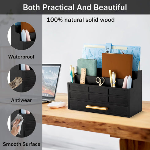 Black Wood Desk Organizer with Drawer, Rustic Bill Mail Organizer and File Holder for Office Supplies