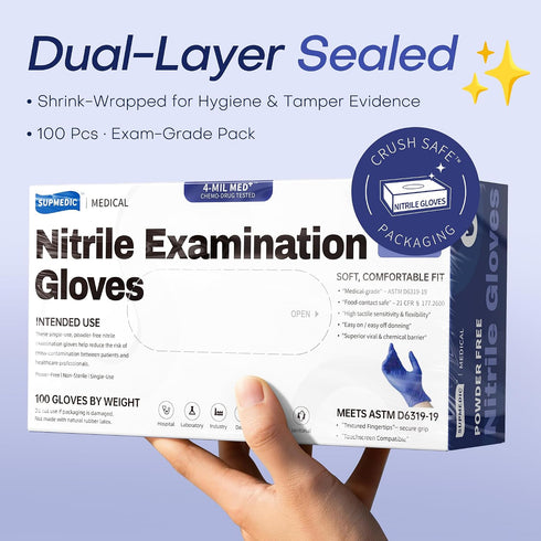 4 100 Supmedic Nitrile Exam Gloves, Mil Pcs, Powder-Free Latex-Free Cooking Food-Safe Disposable Medical Gloves, Blue